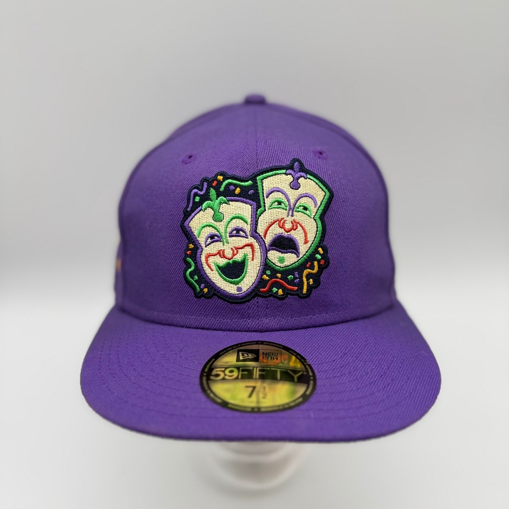 New Era 59FIFTY Mardi Gras Comedy Tragedy Mask Fitted Hat Purple Size 7 1/2